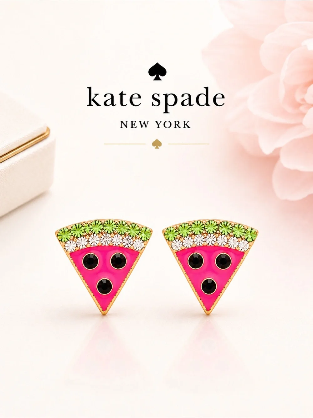 Kate Spade Picnic Perfect Watermelon Stud Earrings NWT Crystal Enamel Gold Tone